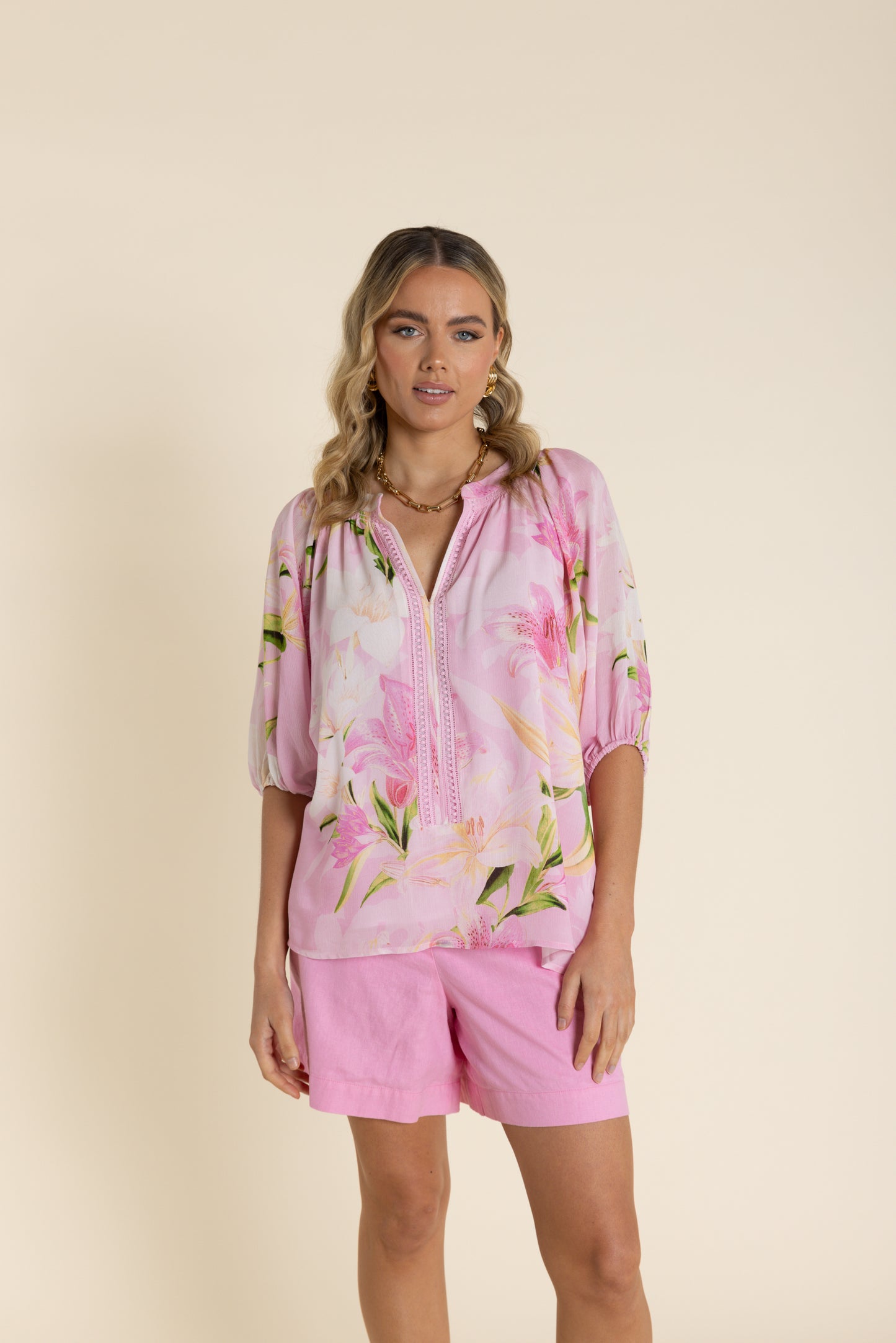 Two T's Pink Orchid Print Top