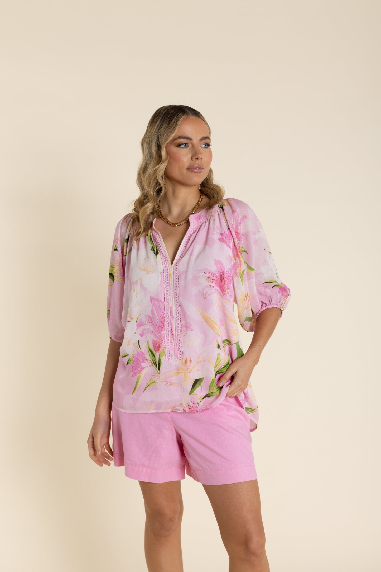 Two T's Pink Orchid Print Top