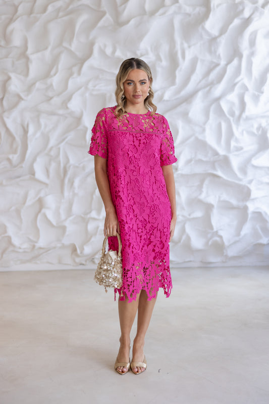 Two T's Guipure Lace Dress - Raspberry