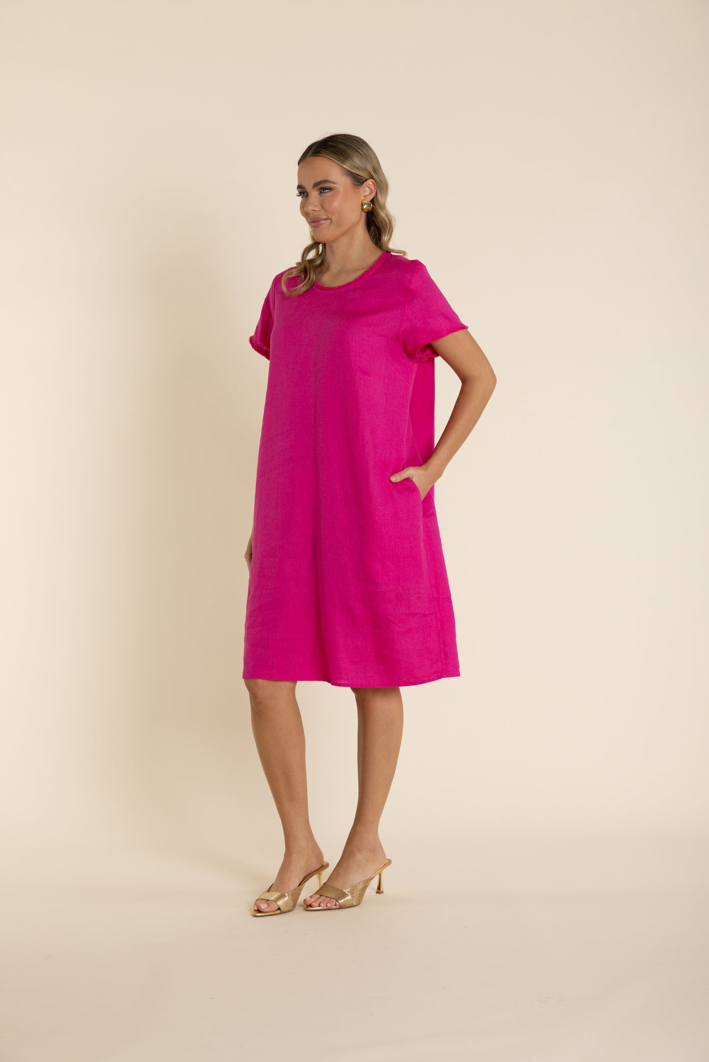 Two T's Linen Frill Trim Dress - Raspberry