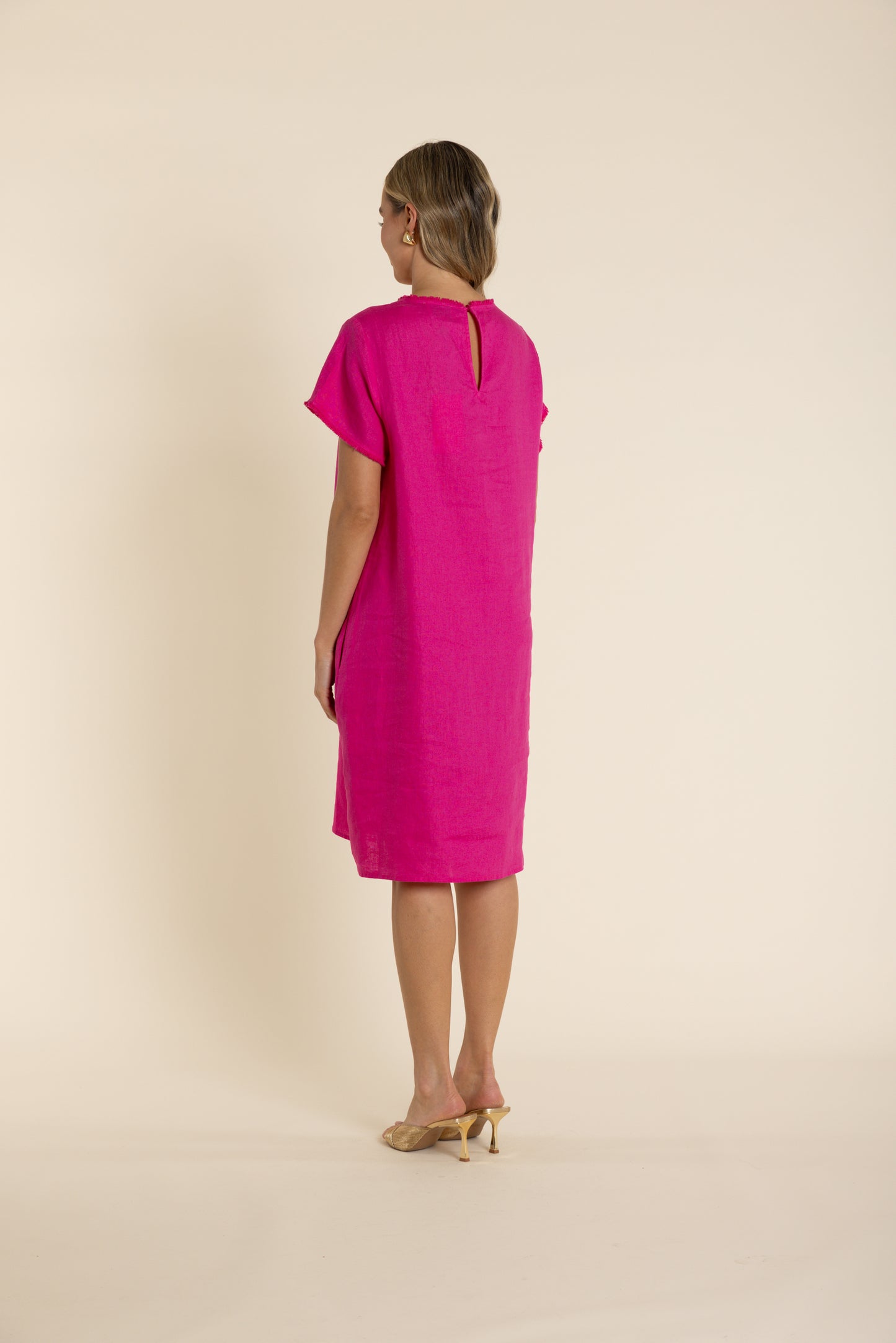 Two T's Linen Frill Trim Dress - Raspberry