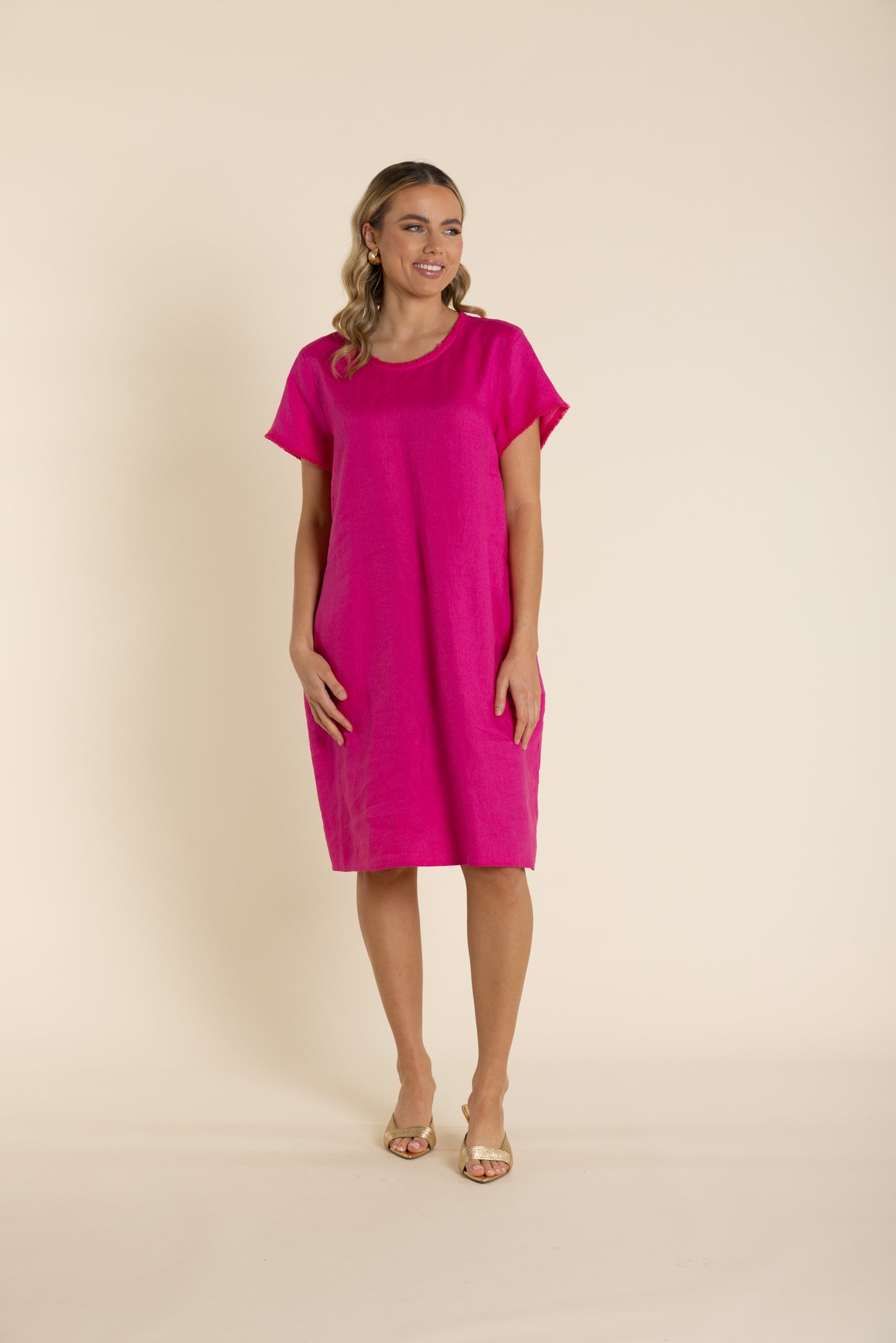 Two T's Linen Frill Trim Dress - Raspberry