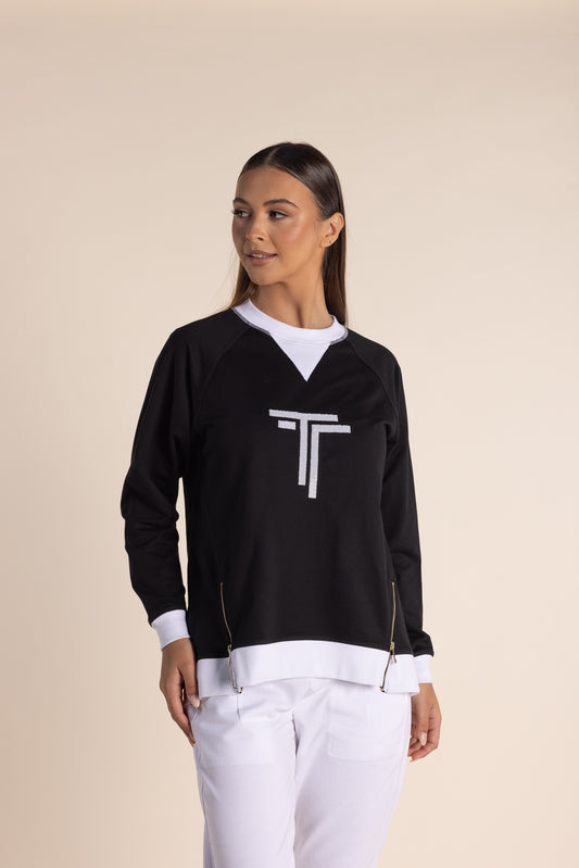 Two T's Sequin Logo Sweater with Zips - B/W