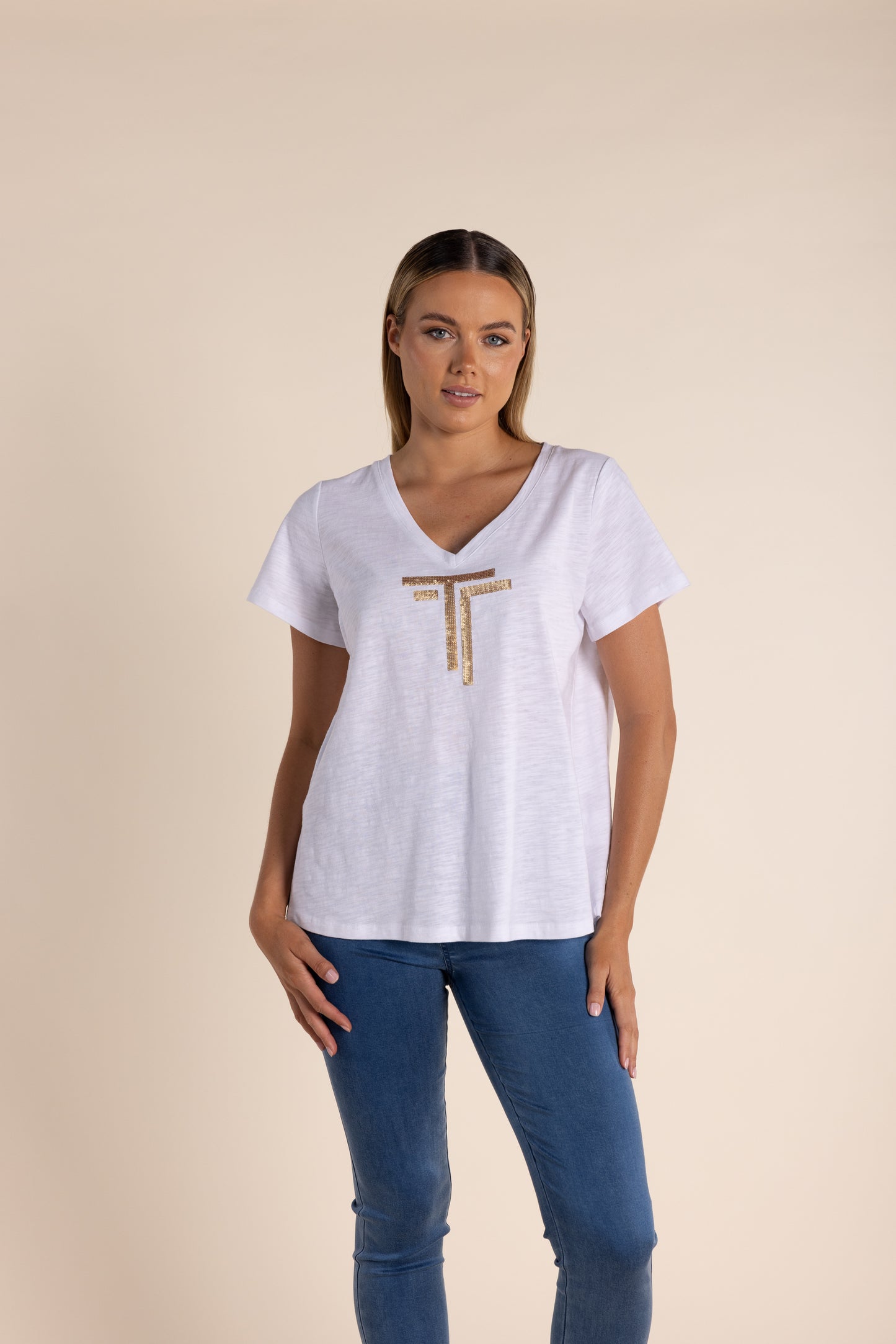 Two T's Sequin Logo Tee Shirt - White