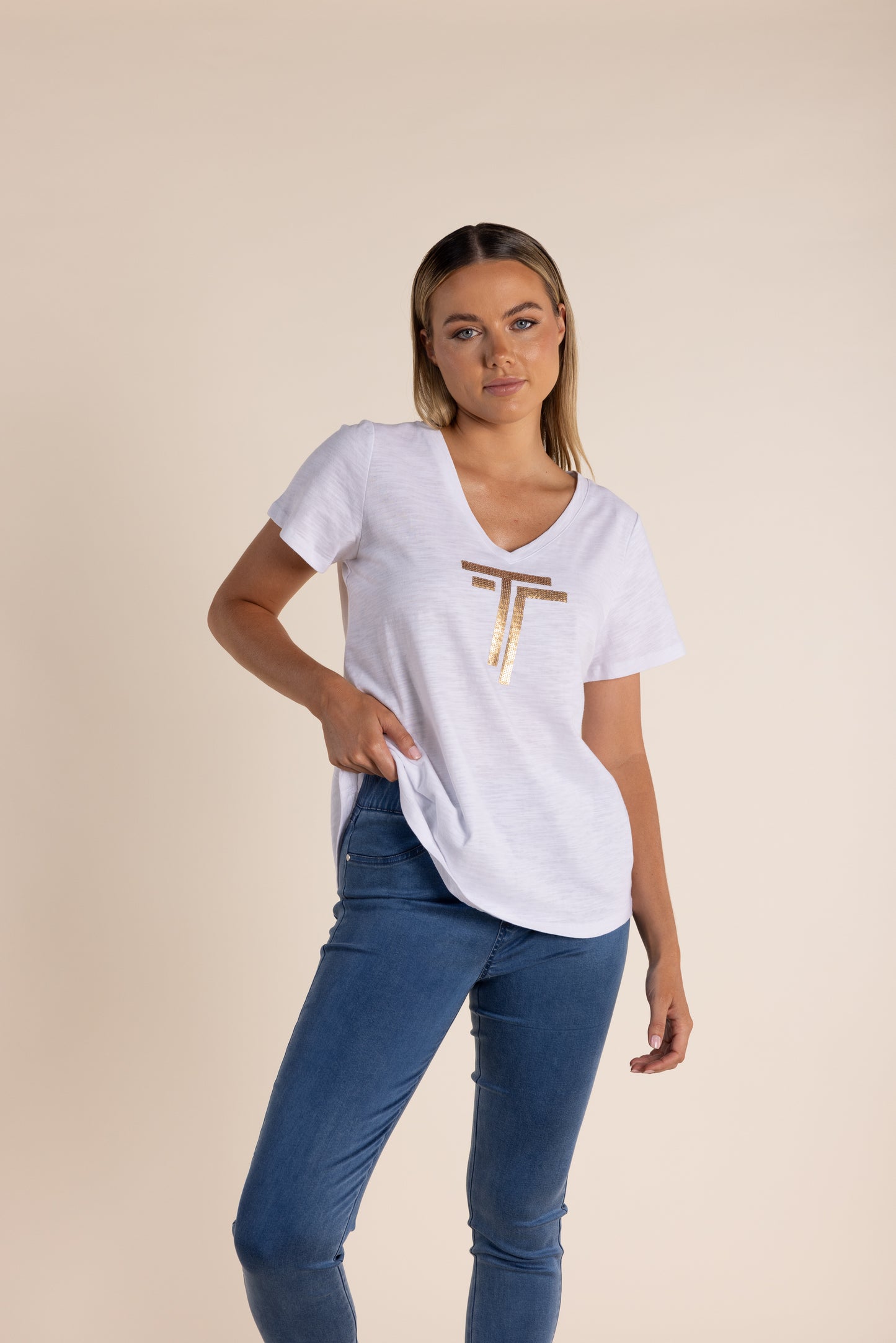 Two T's Sequin Logo Tee Shirt - White