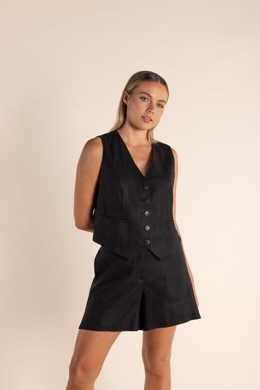 Two T's Linen Mix Vest - Black