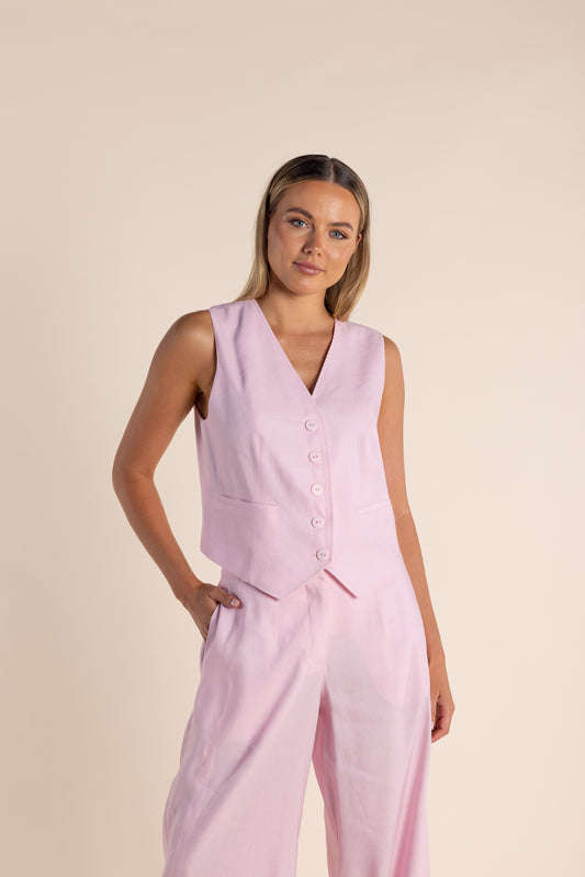 Two T's Linen Mix Vest - Pink Rose