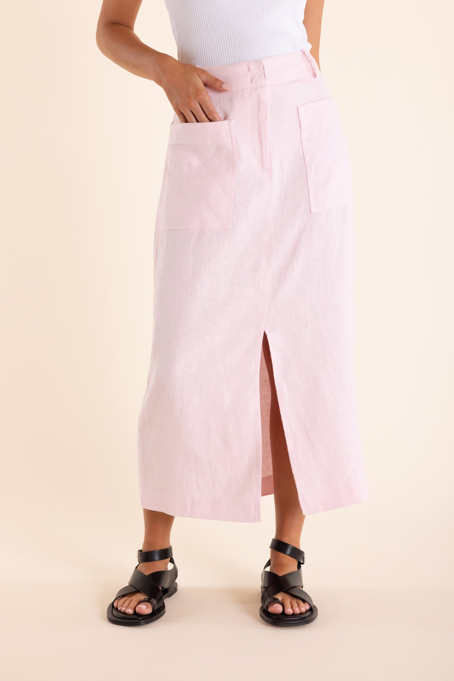 Two T's Linen Midi Skirt - Pink Rose