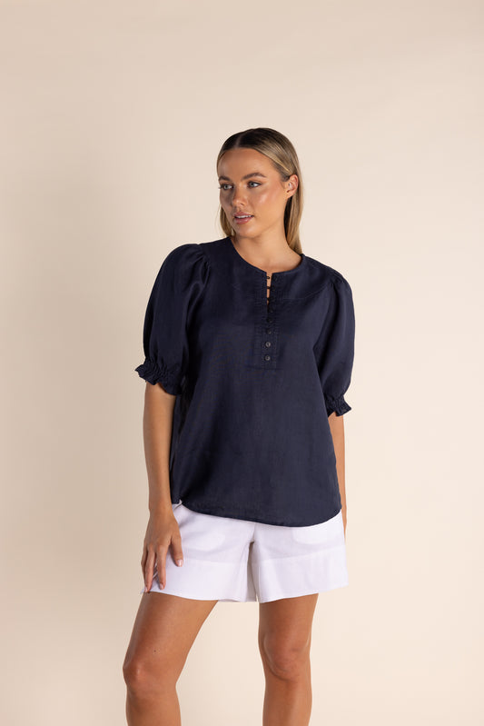 Two T's Button Linen Top - Navy