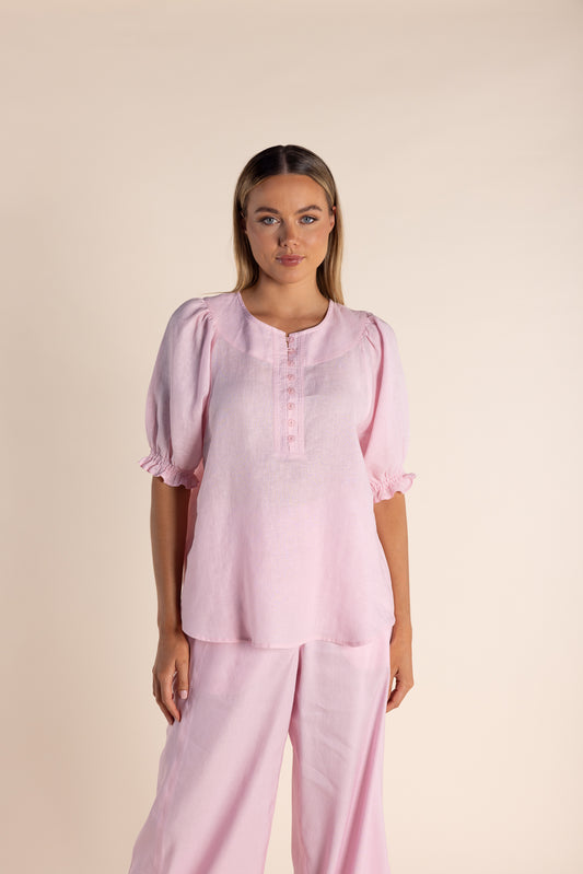 Two T's Button Linen Top - Pink Rose