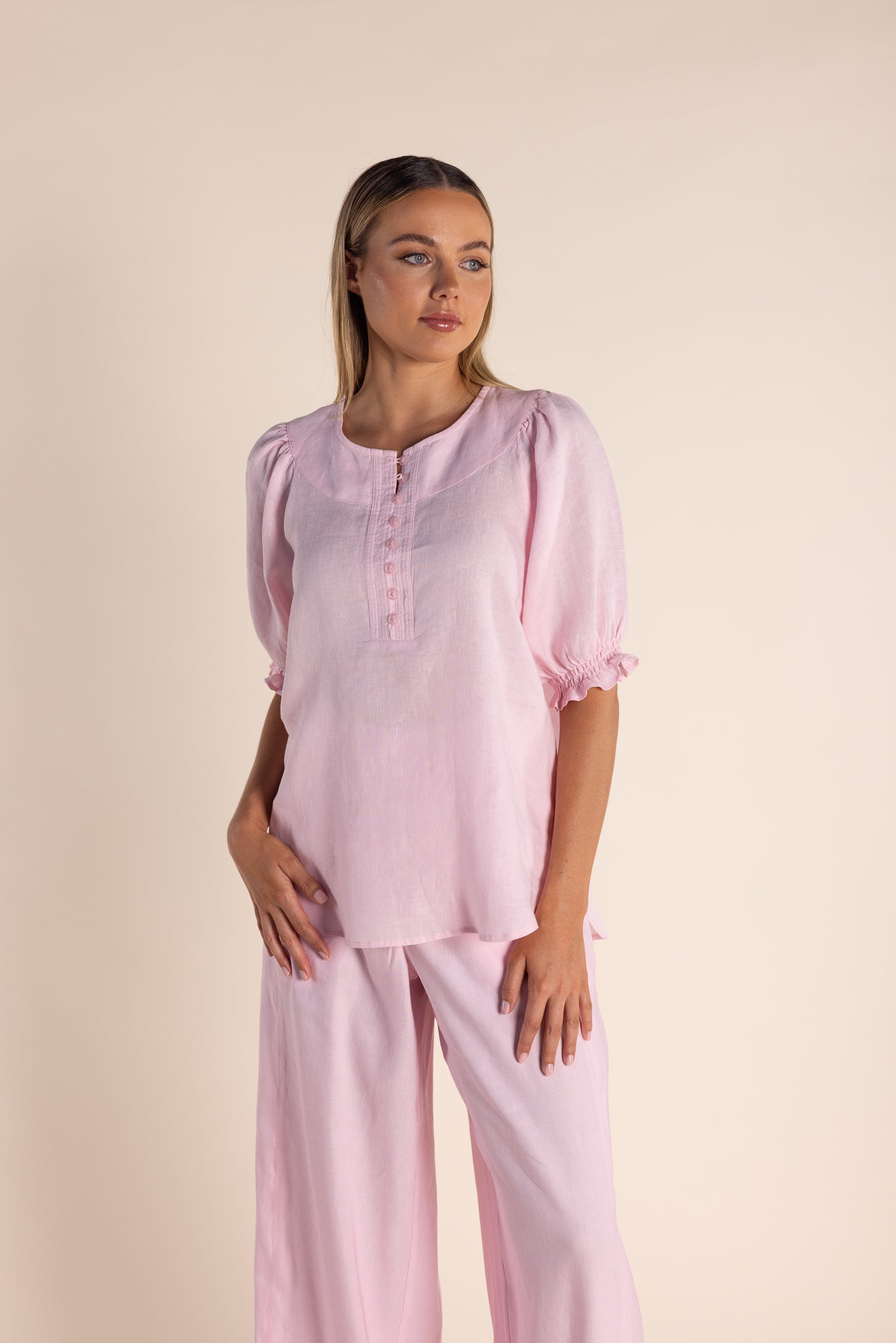 Two T's Button Linen Top - Pink Rose